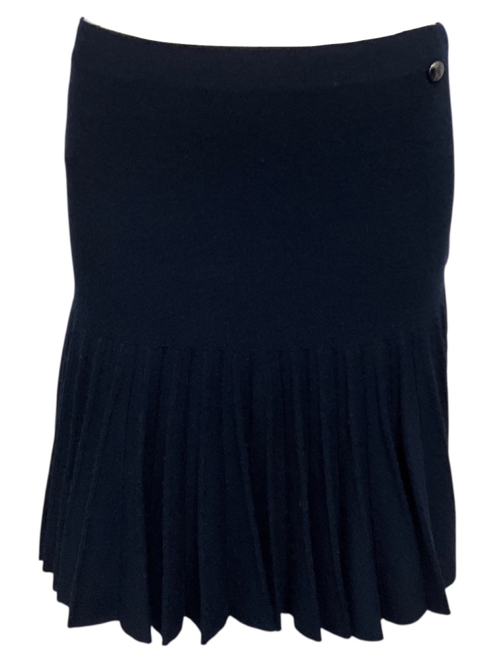 CHANEL NAVY BLUE PLEATED WOOL AND CASHMERE KNIT SKIRT WITH CC LOGO GLOBE PLATE
